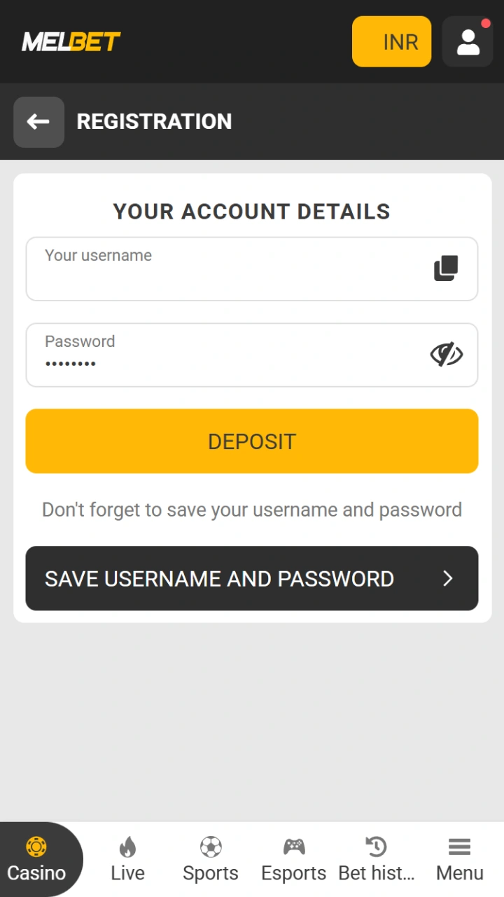 The credentials window on Melbet allows you to easily save the generated account login details.